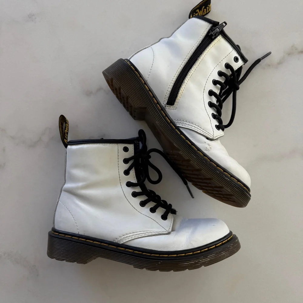 Dr. Martens White and Black Kids Leather Lace-Up Boots